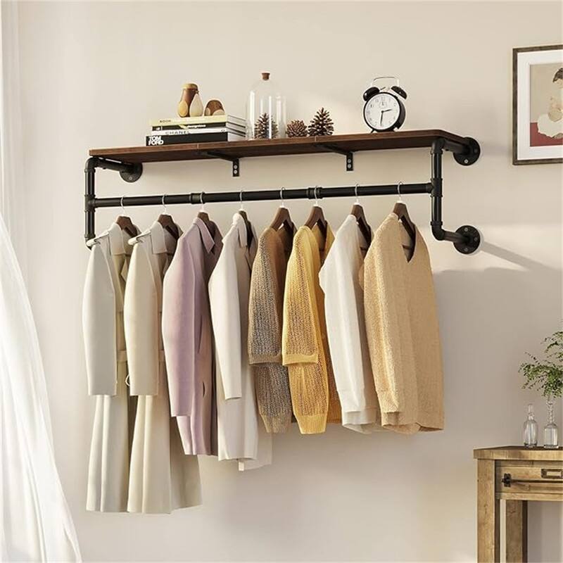 Clothes Rack with Top Shelf, 41in Industrial Pipe Wall Mounted Garment Rack