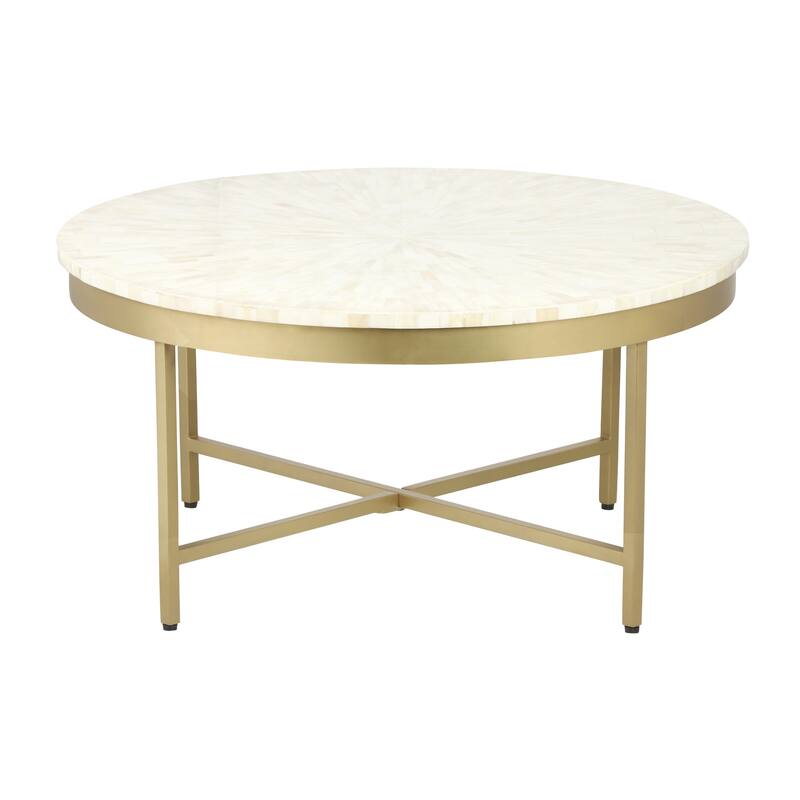 Sevita Alaric Round Bone Inlay and Gold Steel Cross-Leg Coffee Table, 36" W x 18" High - 36" Diameter x 18" H
