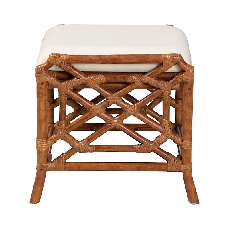 Morley Marbled Tortoise Natural Rattan Ottoman - Handcrafted Accent Footstool with Decorative Frame, Coastal Tropical Style