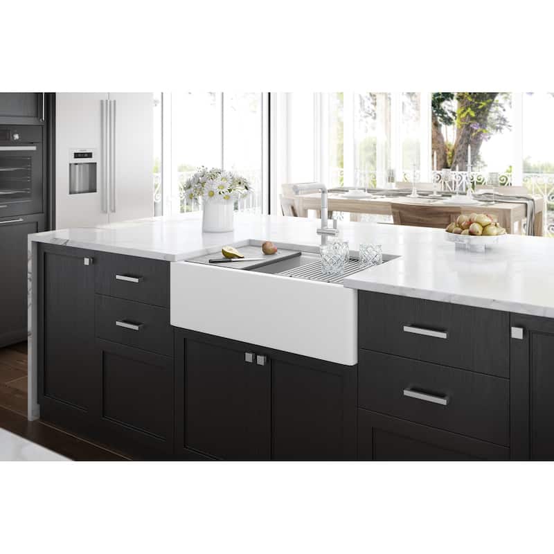 Ruvati 33-inch Matte White Granite Farmhouse Workstation Apron-front Composite Kitchen Sink - - 33" x 20-1/2? - 33" x 20-1/2″