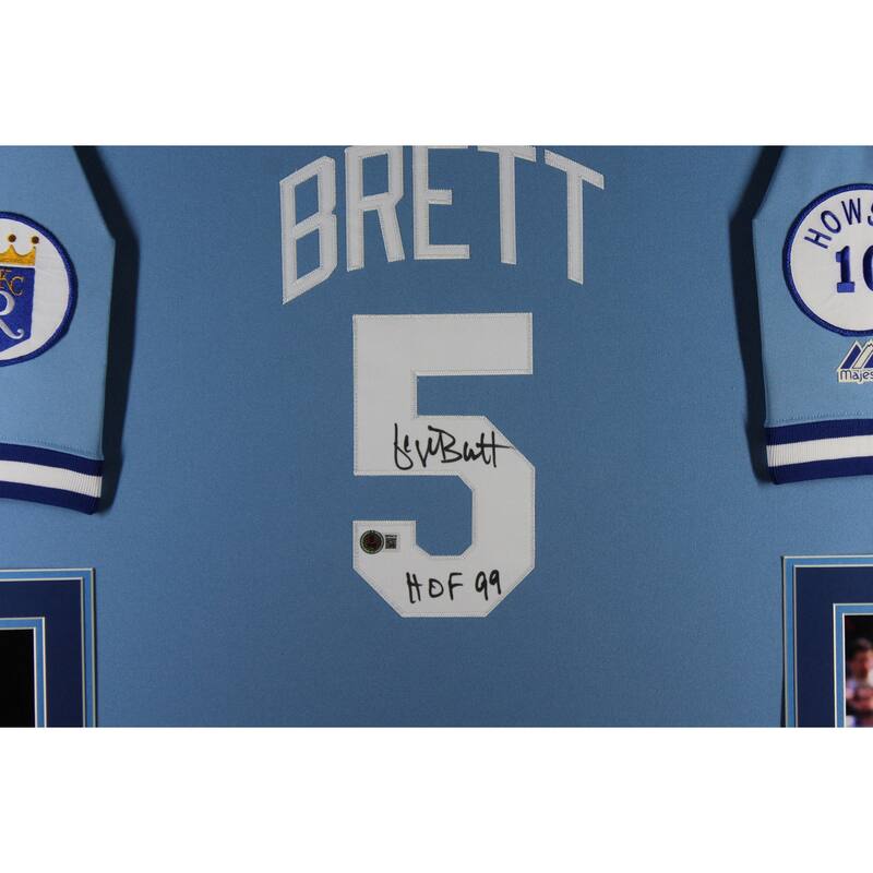 George Brett Autographed Kansas City Royals Signed Majestic Powder Blue Baseball Framed Jersey Hall of Fame HOF 99 Beckett COA