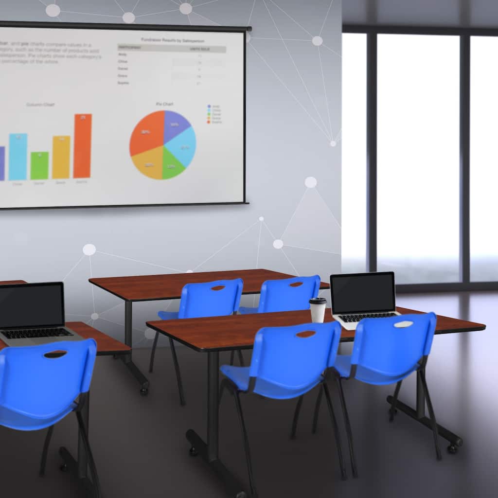 48" x 30" Training Table- Cherry and 2 "M" Stack Chairs- Blue - 48 x 30 inches