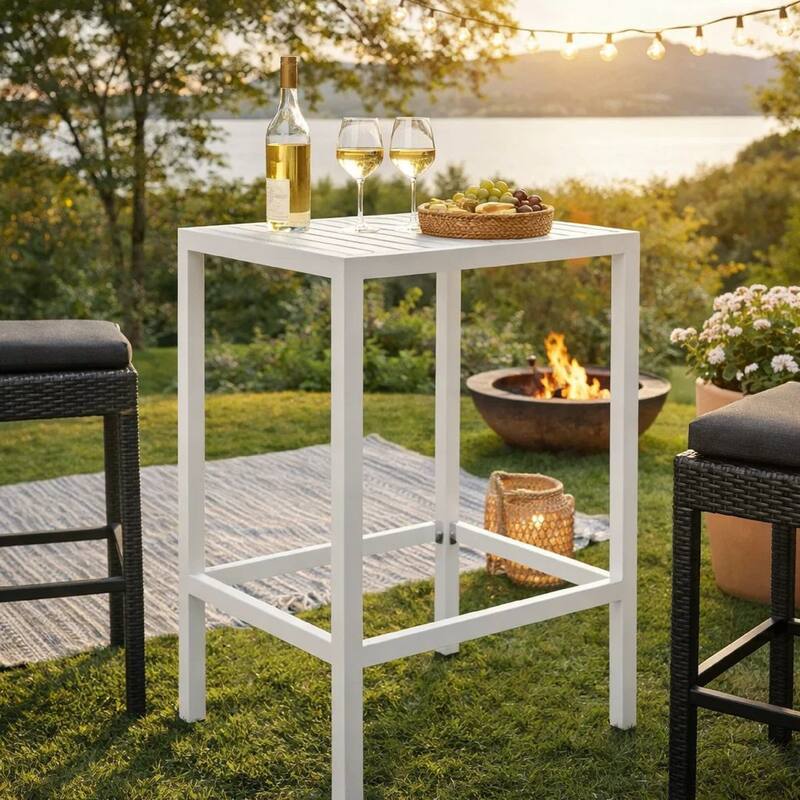 Kylo 43 Inch Outdoor Bar Table, Crisp White Aluminum Metal Frame, Small