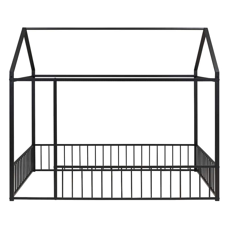 Full Size Metal Bed House Bed Frame with Fence, for Kids, Teens, Girls, Boys - Black