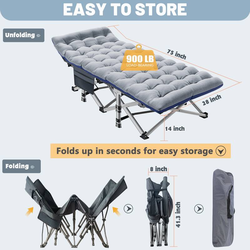 75" Folding Camping Bed with 3.3 Inch Mattress, Portable Sleeping Cot