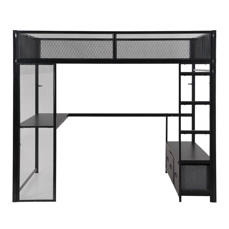 Full Size Black Metal Gaming Loft Bed with LED Lights, Built-in Desk, Wardrobe & 3 Storage Drawers