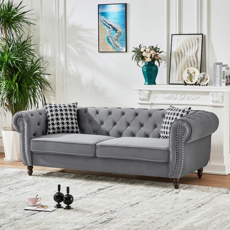 87"Chesterfield ‌Velvet Upholstery Fabric Sofa With Roll Armrest & Nailhead,Upholstered Modern Couch,3 Seater Couch