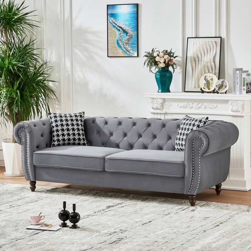 Roomfitters 87" Classic Chesterfield Upholstered Sofa with Scrolled Arms and Nailhead Trim, Button Back Living Room Couch