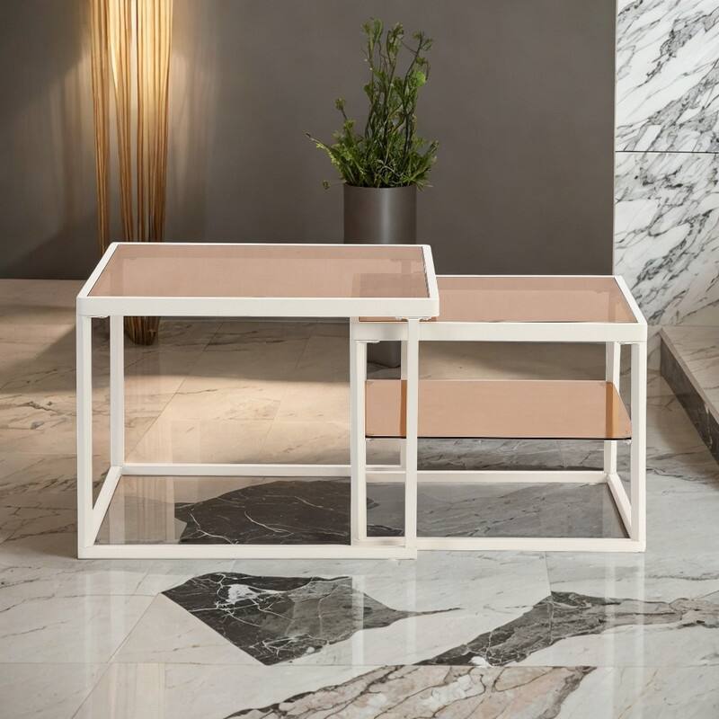 High-low Combination Design Tempered Glass Coffee Table Set, Length Adjustable 2-Tier End Table for Living Room