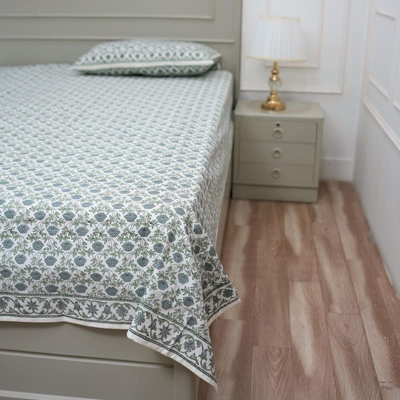 Fabdivine Handmade Block Print Flat Sheet or Bed Sheet Cotton Fabric Floral Home Decor - Khoobsurat- Dark Grey, Green - Twin XL