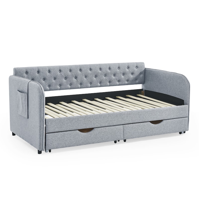 Grey Twin Size Upholstered Daybed with Trundle and Two Storage Drawers