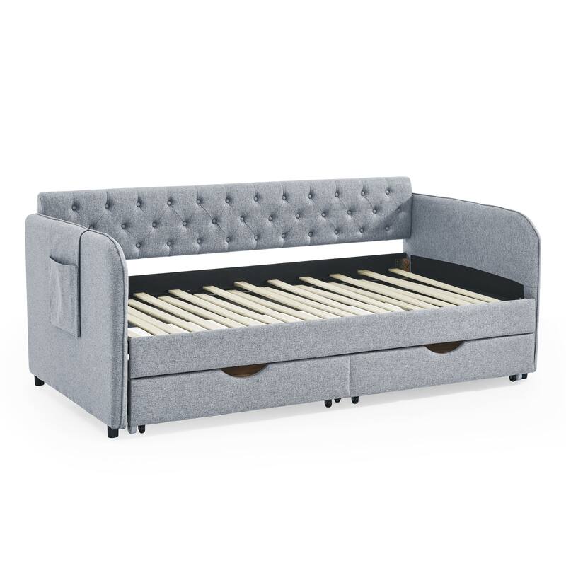Grey Twin Size Upholstery Daybed with Trundle and Drawers