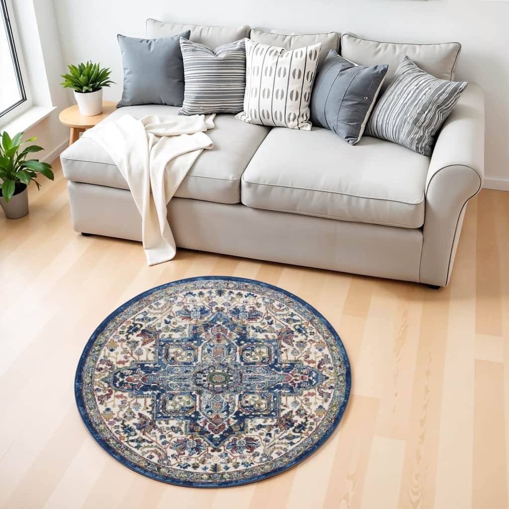 Power Loomed Distressed Geometric Floral Non Skid Area Rug - 48' X '48' X '0.5