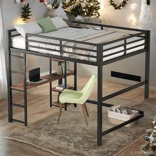 Full Size Metal Loft Bed with Built-in Desk and Storage Shelves, BlackShort Title: