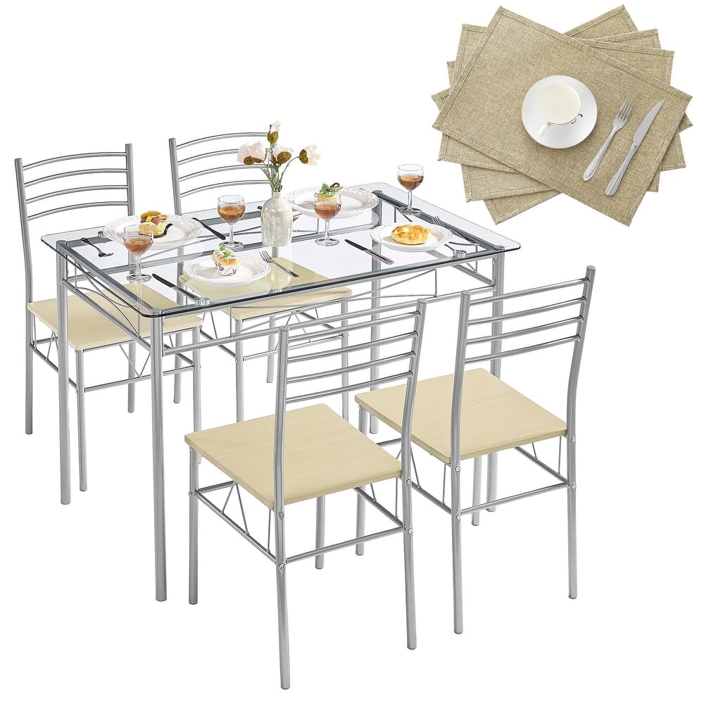 VECELO Sliver Dining Table and Chairs, Dining Sets with 4 Placemats