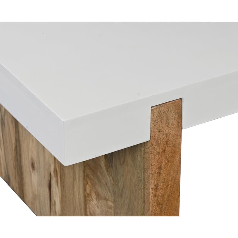 38 Inch Mango Wood Coffee Table, Rectangular, Sled Base, Glossy White, Natural Brown - 20"L x 38"W x 16"H