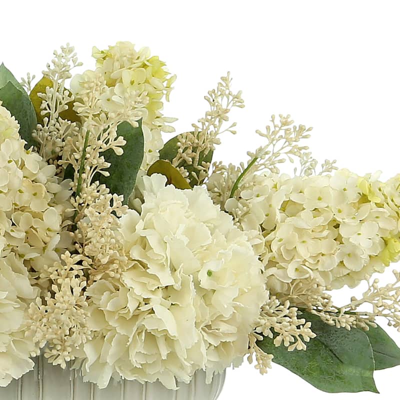 Assorted Hydrangea and Seeded Eucalyptus Arrangement in Oblong Ceramic Planter - Cream, White
