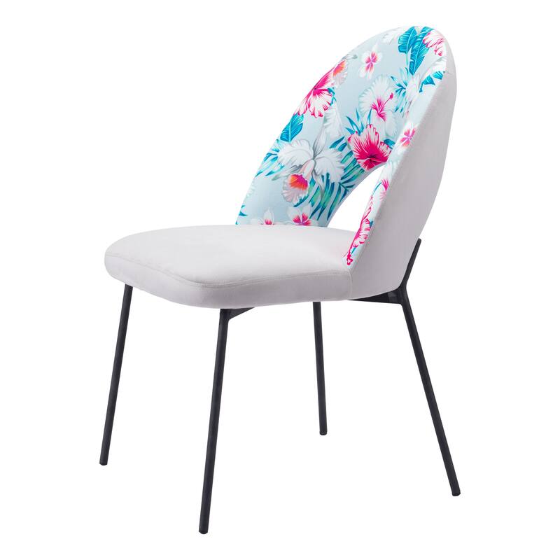 HomeRoots Set of Two Gray and Black Velvet And Steel Velvet And Steel Tropical Floral Dining Side Chairs