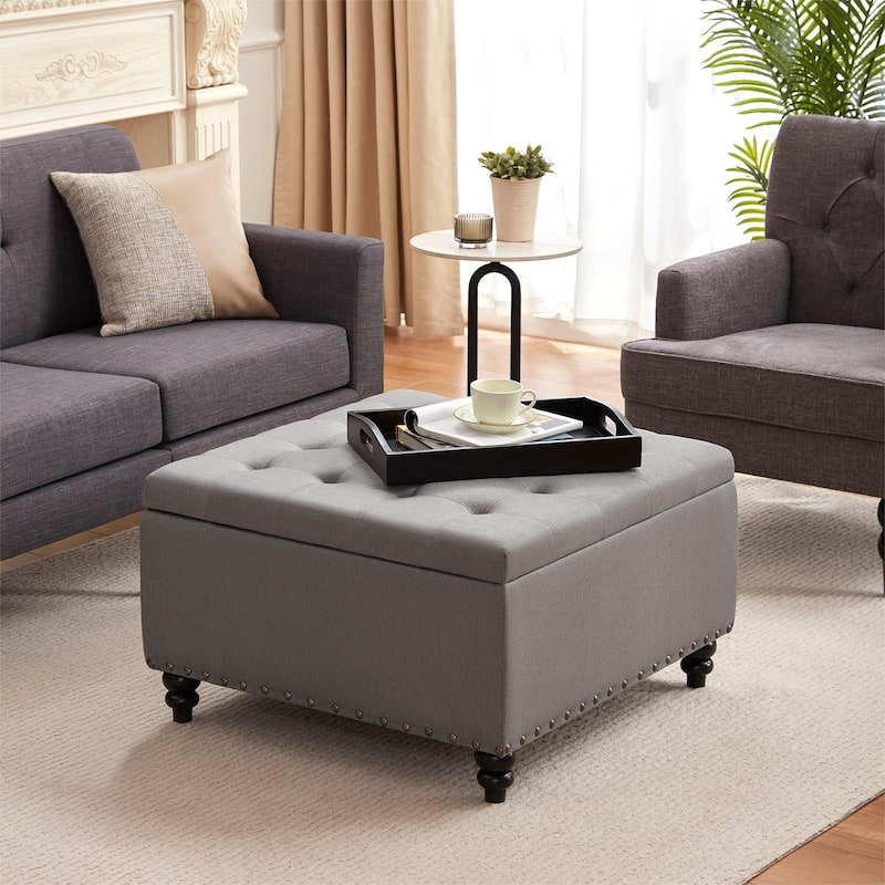 HUIMO Large Square Storage Ottoman with tray for Living Room and Bedroom, Grey 30"W x 30"D x 18.1"H