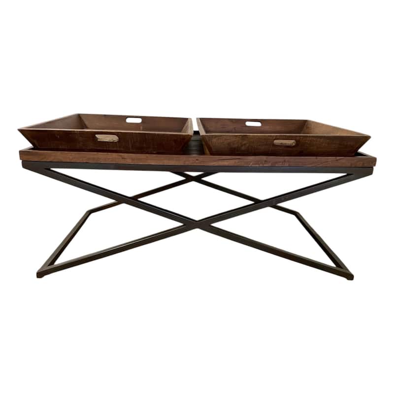 HomeRoots 27" Brown And Black Solid Wood Cross Legs Coffee Table - 27" W x 47" D x 22" H