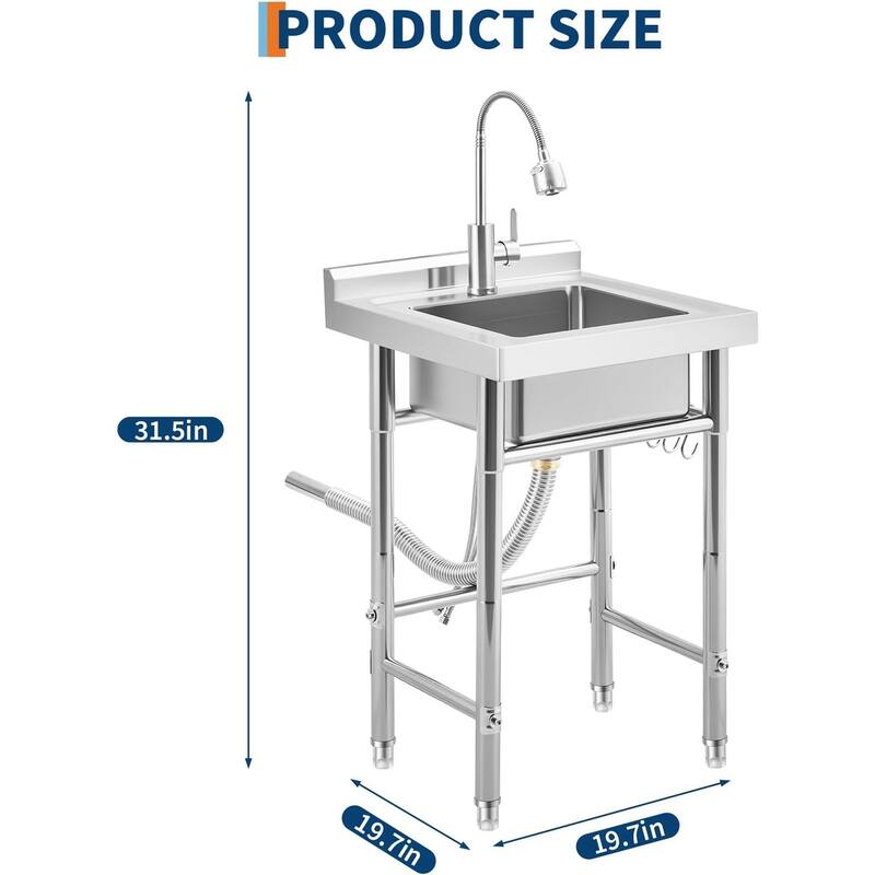 Freestanding Single Bowl Commercial Sink with Adjustable Legs, Storage Shelf, S-Hooks