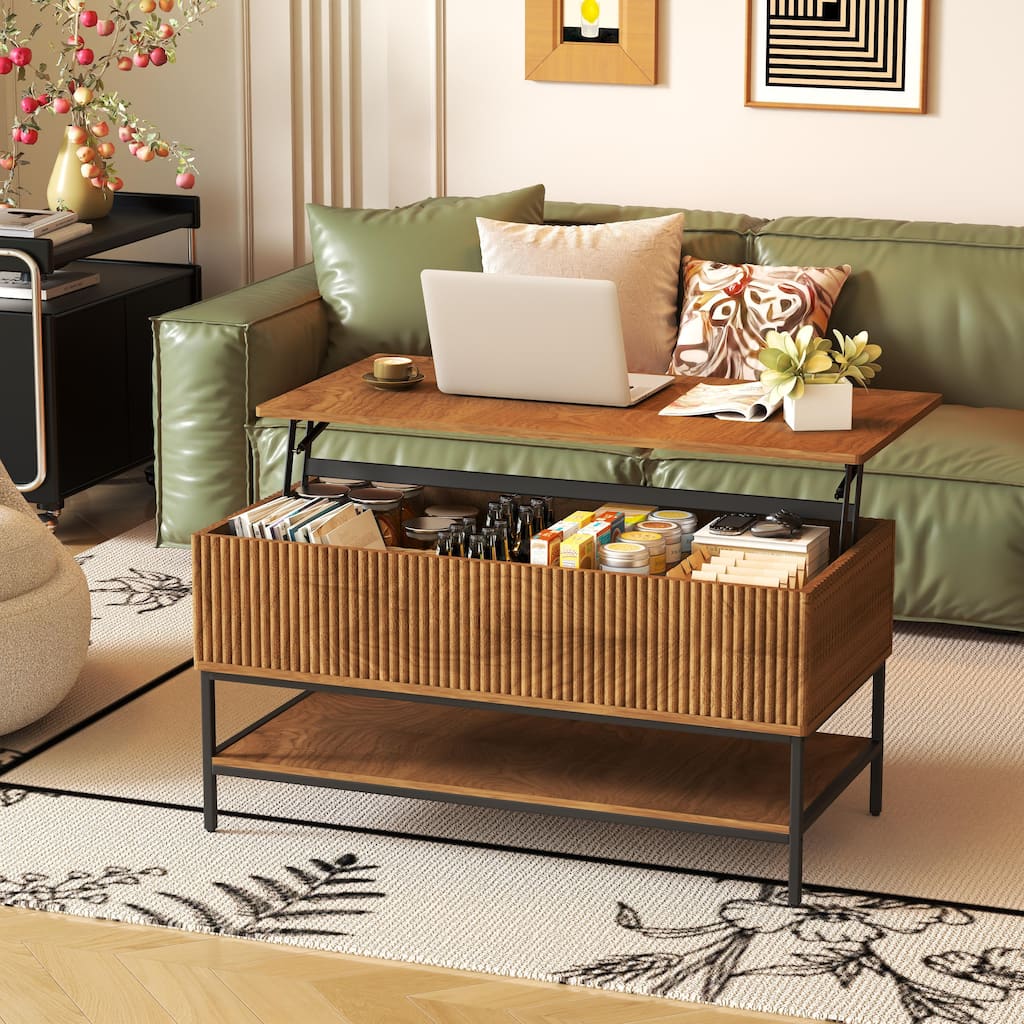 Lift Top Coffee Table 39.4 Inch Rectangle, Farmhouse Style with Hidden Storage & Lower Shelf, Sturdy Steel Legs