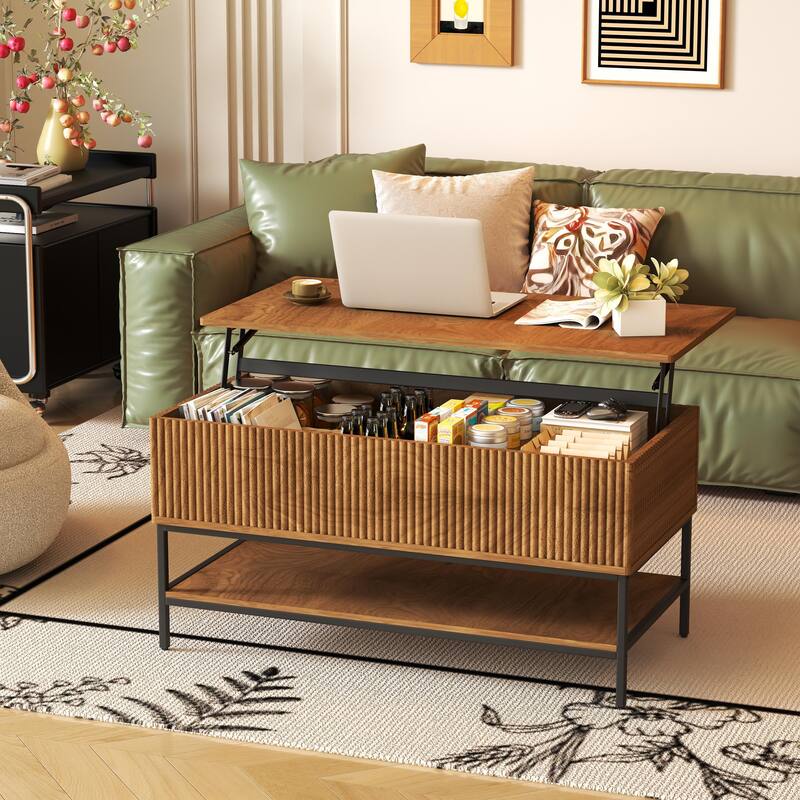 Lift Top Coffee Table 39.4 Inch Rectangle, Farmhouse Style with Hidden Storage & Lower Shelf, Sturdy Steel Legs - Brown