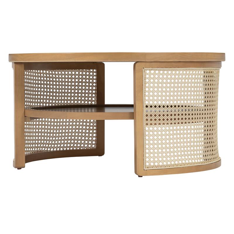 31.3" Rustic Round Wooden Coffee Table with Storage Rattan Base for Living Room
