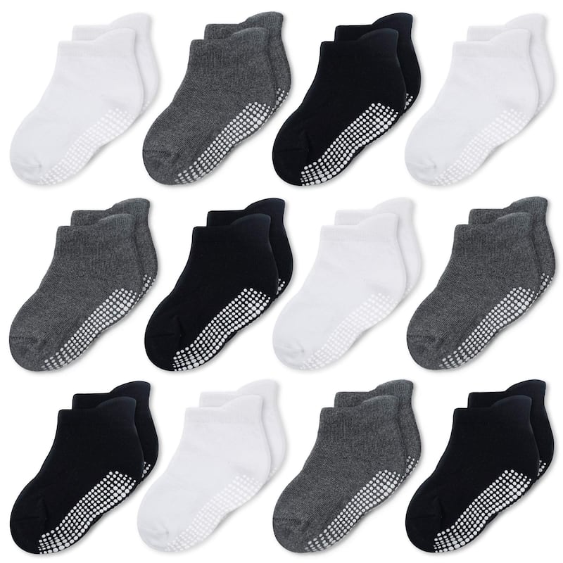 CozyWay Ankle Grip Socks Black/White/DarkGray - 12 pair, 6-12 Months, Unisex