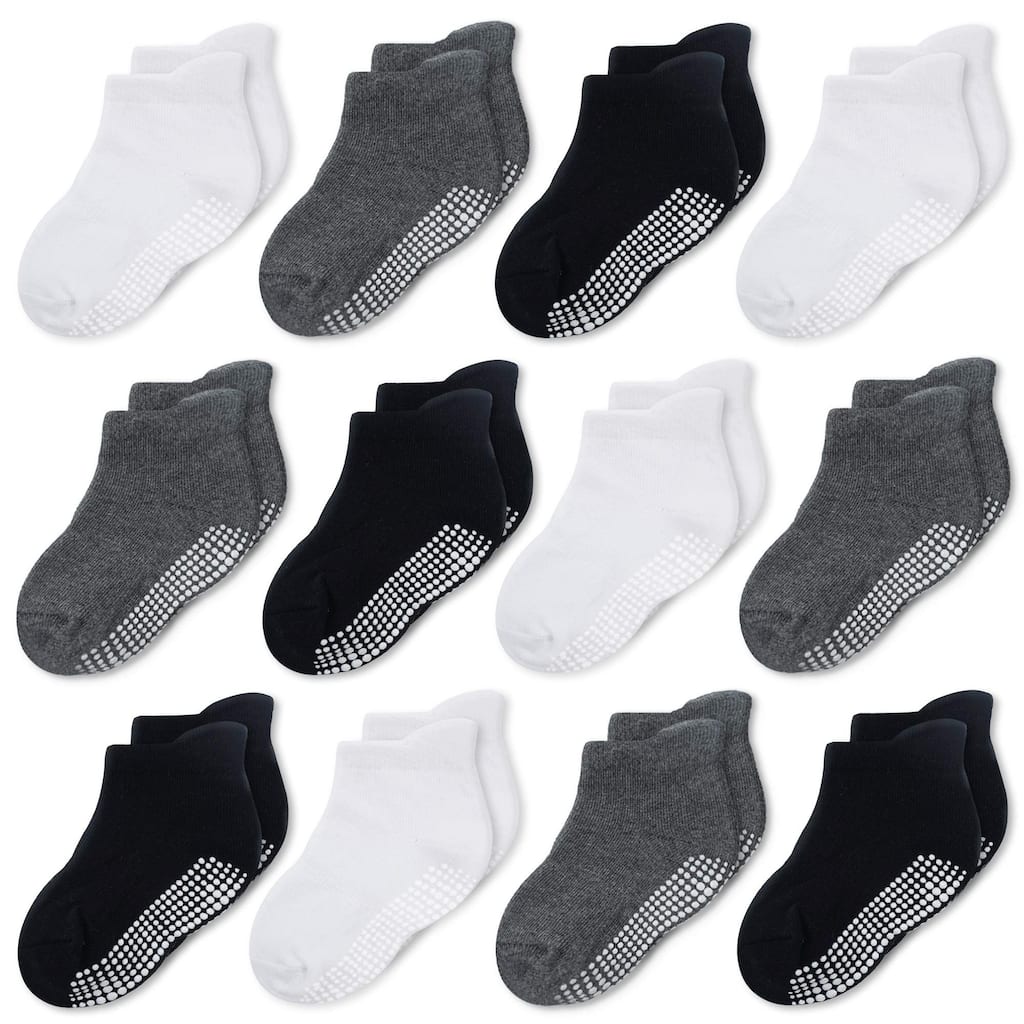 CozyWay Ankle Grip Socks Black/White/DarkGray - 12 pair, 6-12 Months, Unisex
