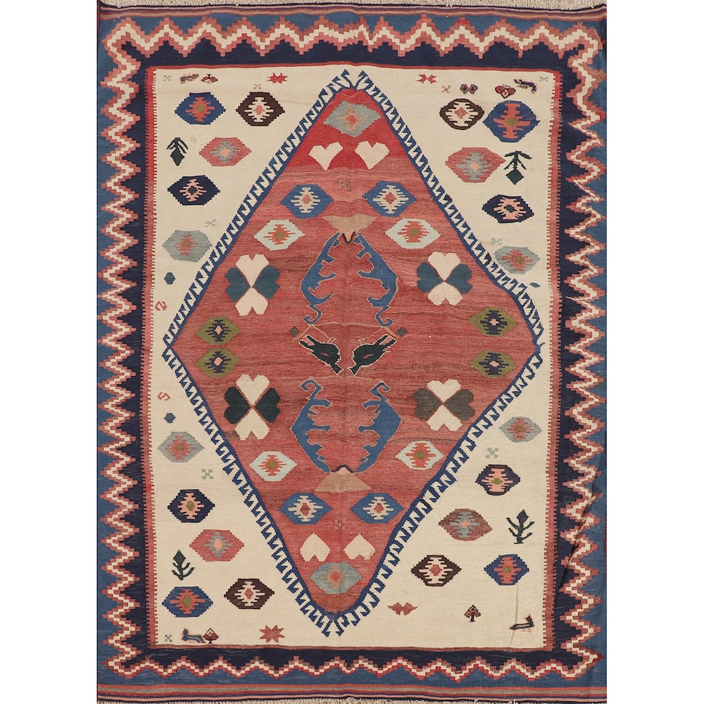 Tribal Kilim Qashqai Persian Vintage Rug Hand-Woven Wool Carpet - 4'8"x 6'3"