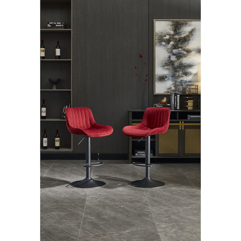 Set of 2 Adjustable Swivel Bar Stools, Red Velvet with Chrome Footrest & Blackened Legs