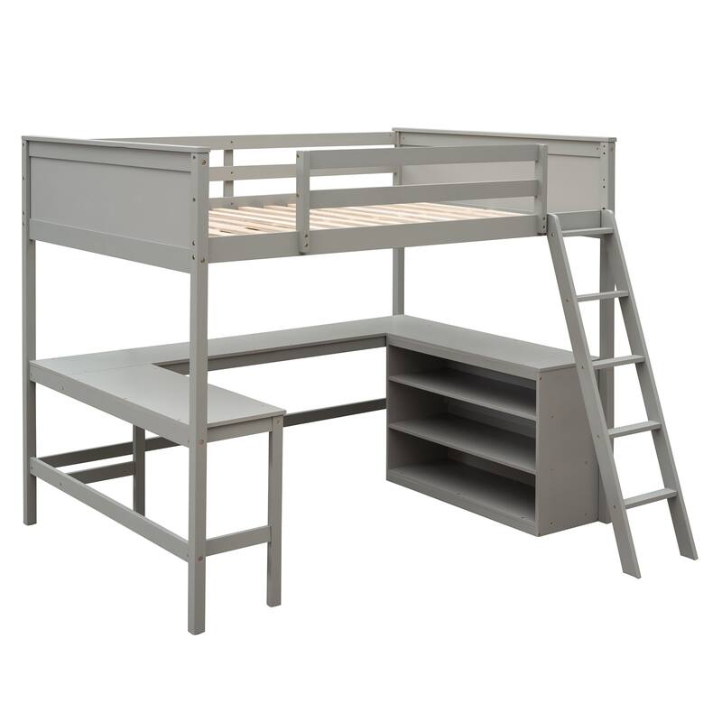 Full Pine Loft Bed with Desk, Shelves, and Guardrails