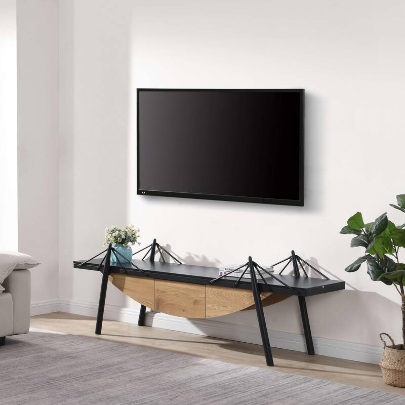 Modern TV Stand with Sailboat-Inspired, Wood Entertainment Console Table Storage Table with Drawer and Metal Frame