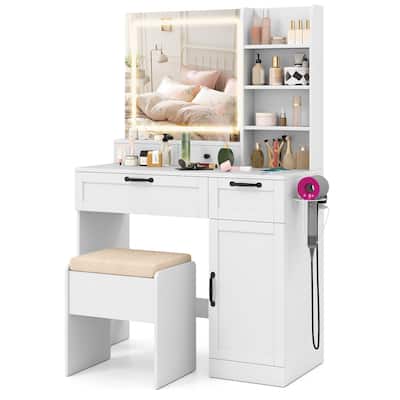 Makeup Vanity Desk with Lighted Mirror Adjustable Lighting Storage Drawers Charging Station and Stool