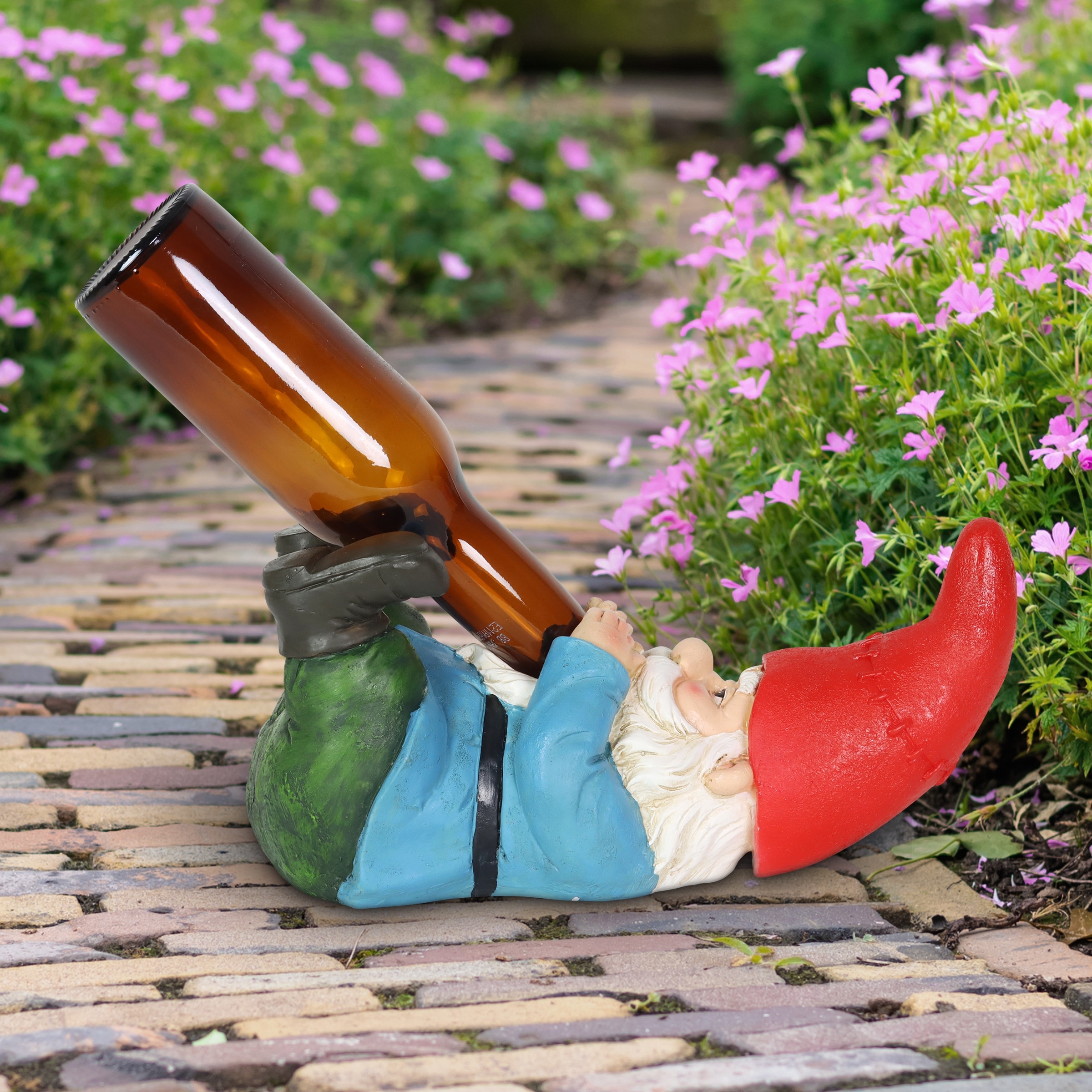 Exhart Good Time Beer Bottle Holder Gnome Statue with LED Hat on a
