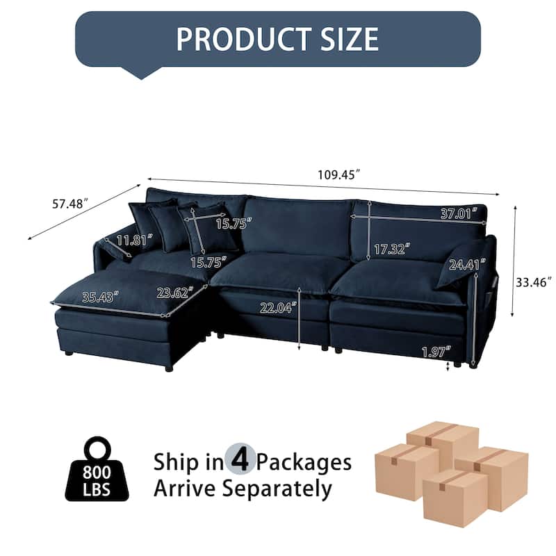 Modular L Shaped Sofa, Chenille, Blue, Oversized Deep Seat with Ottoman, DIY Combination