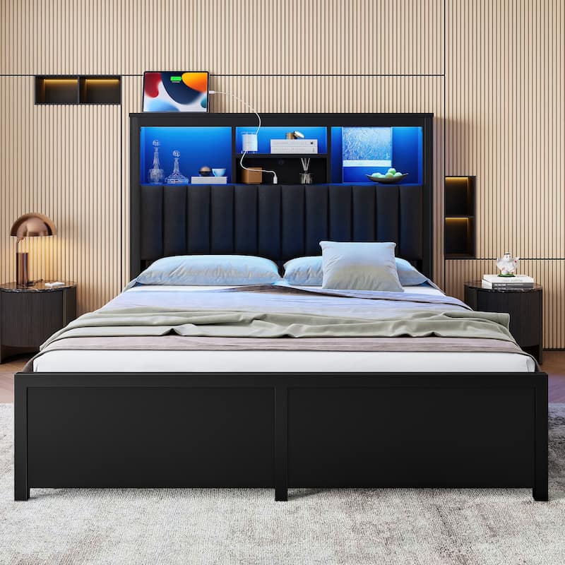 King/Queen Storage Bed with LED Headboard, Charging Station & 4 Drawers