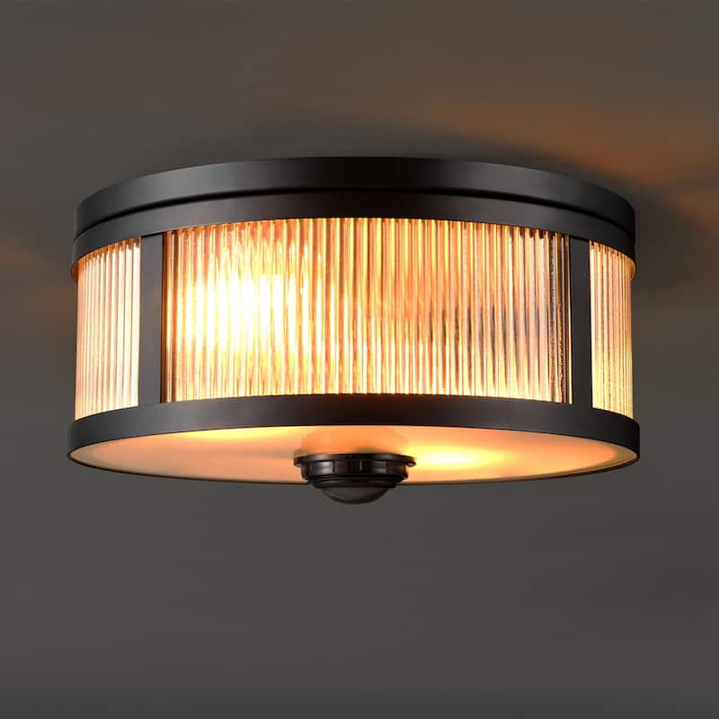 2-Light Matte Black Motion Activated Outdoor Flush Mount Ceiling Light with Ribbed Glass Shade and Frosted Glass Lens - 11"