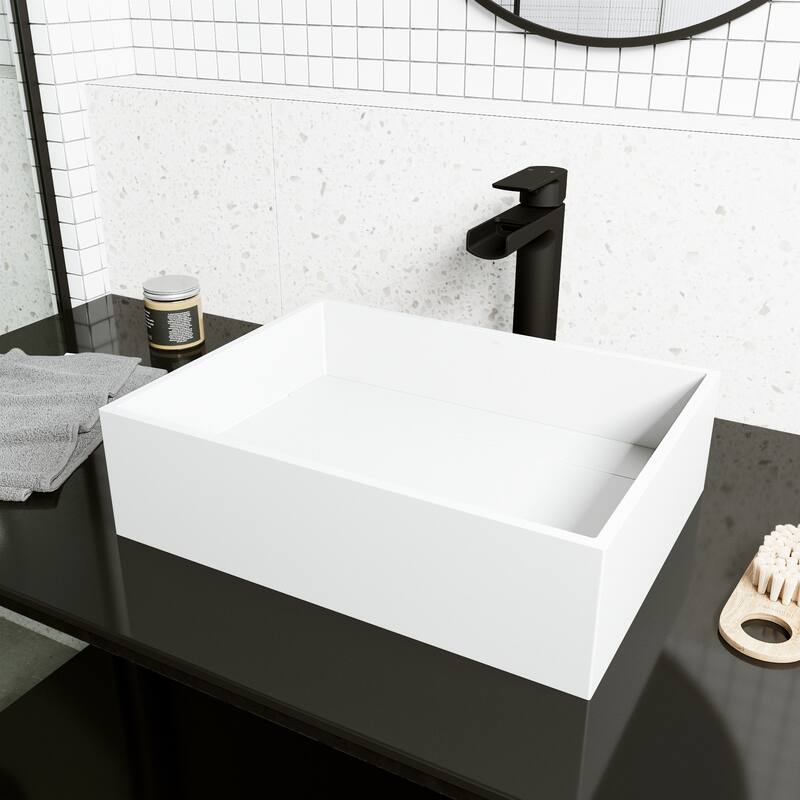 VIGO Montauk 17"L x 13"W MatteStone Vessel Sink and Amada 10"H Faucet Set - Matte White