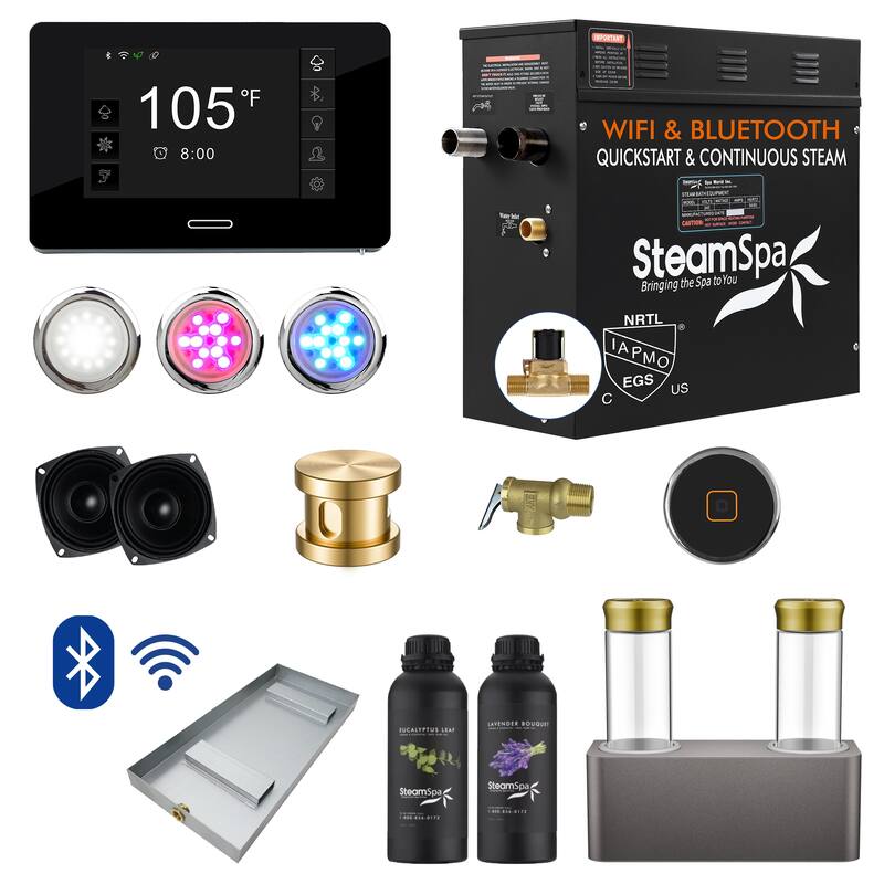 Black Series WiFi and Bluetooth 4.5kW QuickStart Steam Bath Generator Package with Dual Aroma Pump in Gold