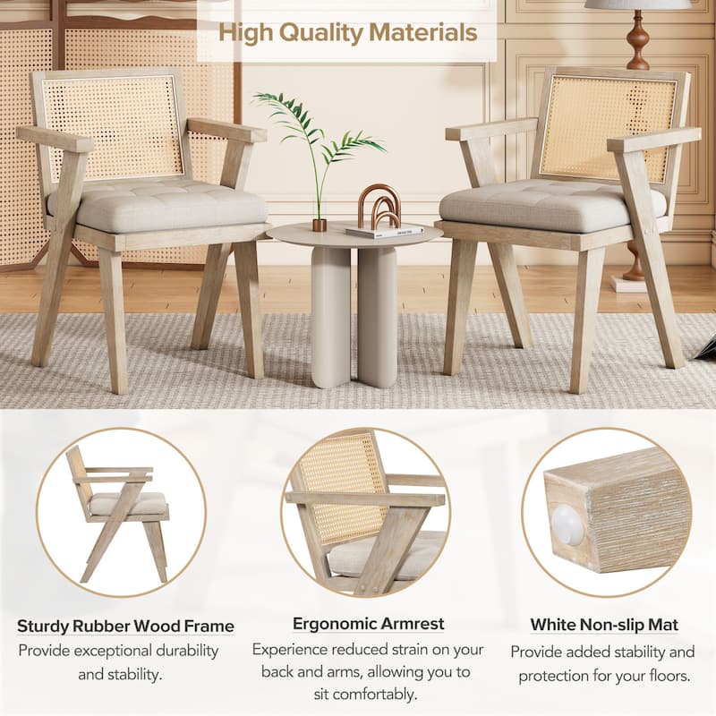 Mid-Century Modern Chair Accent Chair with Handcrafted Rattan Backrest and Padded Seat - 25.30" L x 22.80" W x 31.60" H - Beige