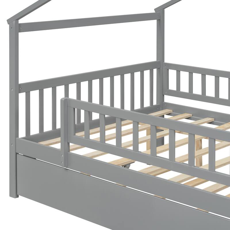 Montessori Bed House Bed with Trundle Bed and Headboard, Wood Daybed Platform Bed Frame No Box Spring Needed for Boys Girls