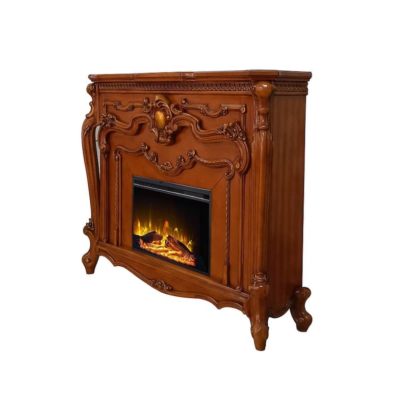 59" Brown Wood Ornate Carved Scrollwork Electric Fireplace With Mantle
