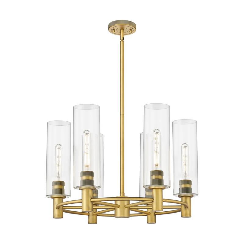 Innovations Lighting Crown Point - 6 Light 24" Stem Hung Chandelier with 12" Shade - Clear/Brushed Brass