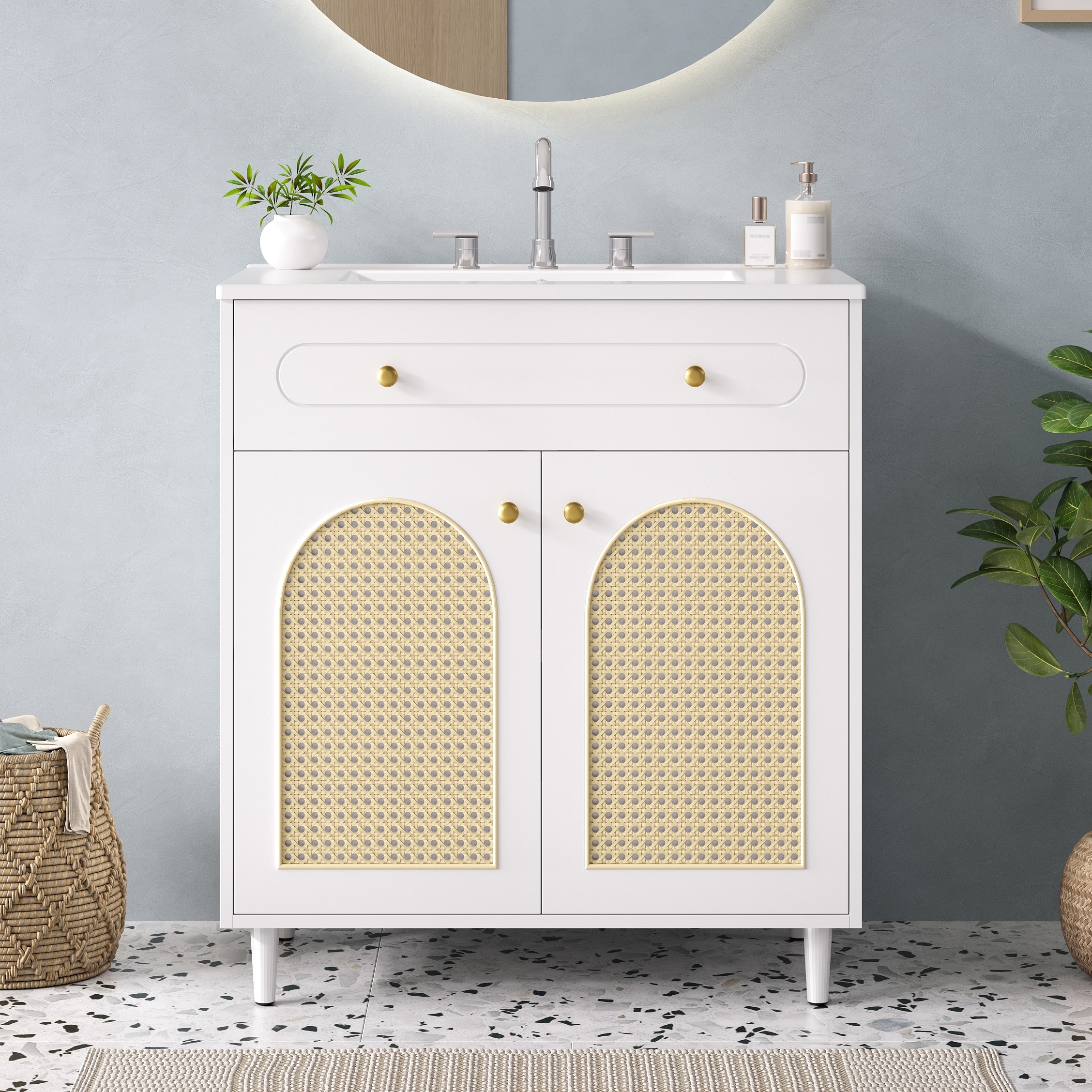30" Bathroom Vanity with Ceramic Sink, Solid Wood Frame Bathroom Sink Cabinet with Adjustable Shelf, Tip-Drawer