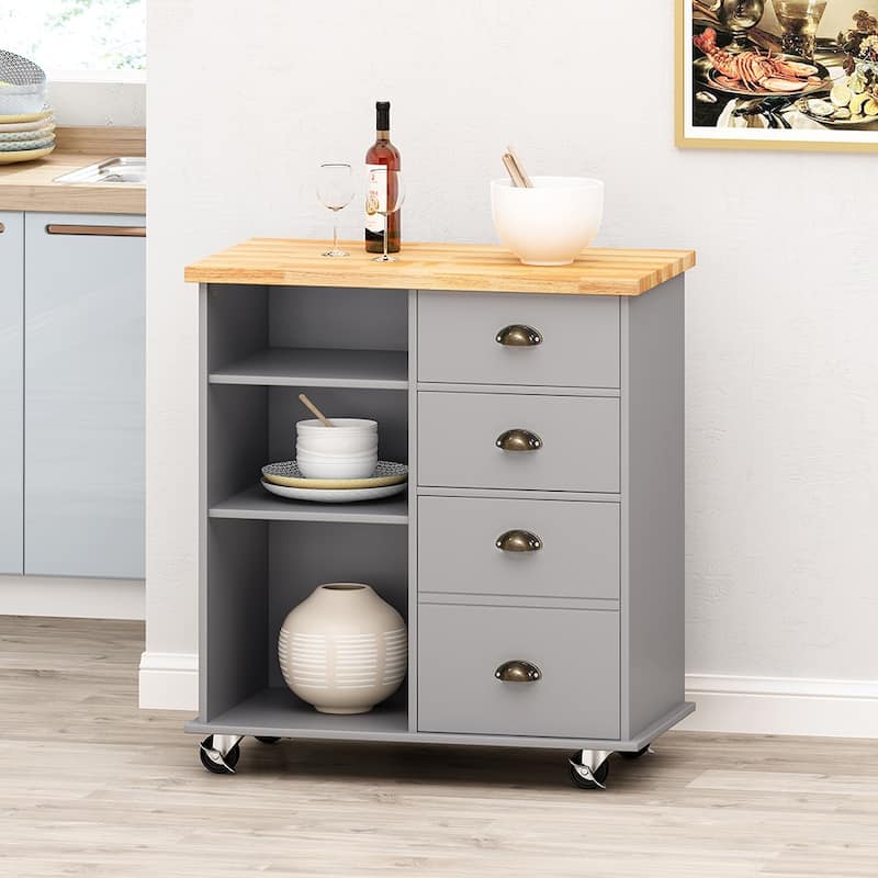 Kitchen Cart With Wheels, Modern Kitchen Island Cart With 2 Drawers, Door, 3 Shelves, Wood Top, Storage Cart - Gray