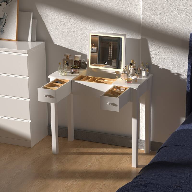 Small Flip Top Makeup Table with LED Lights, Mirror, 2 Drawers