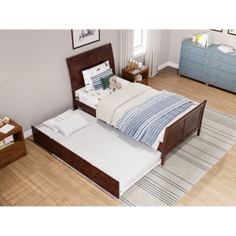 Platform Bed with Trundle - Twin Size, Walnut Finish - Modern Bedroom Furniture Set with Footboard