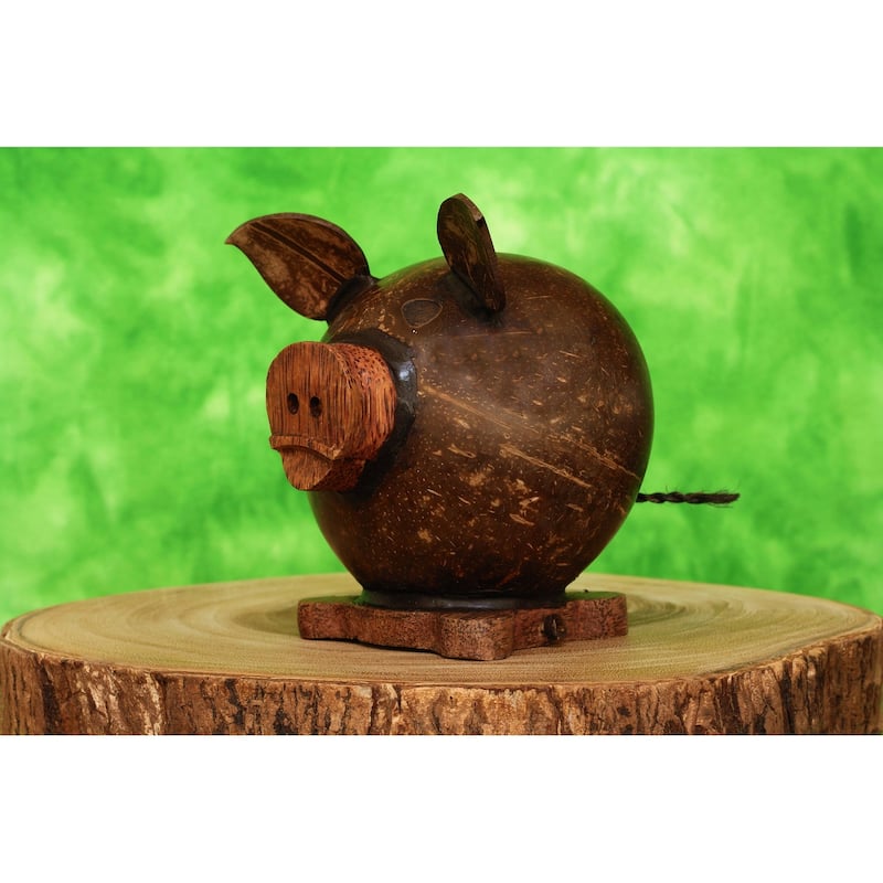 Handmade Coconut Shell Wood Cute Pig Coin Piggy Bank Wooden Hand Carved Keepsake Saving Money Kids - 6" tall x 5" wide x 5" deep